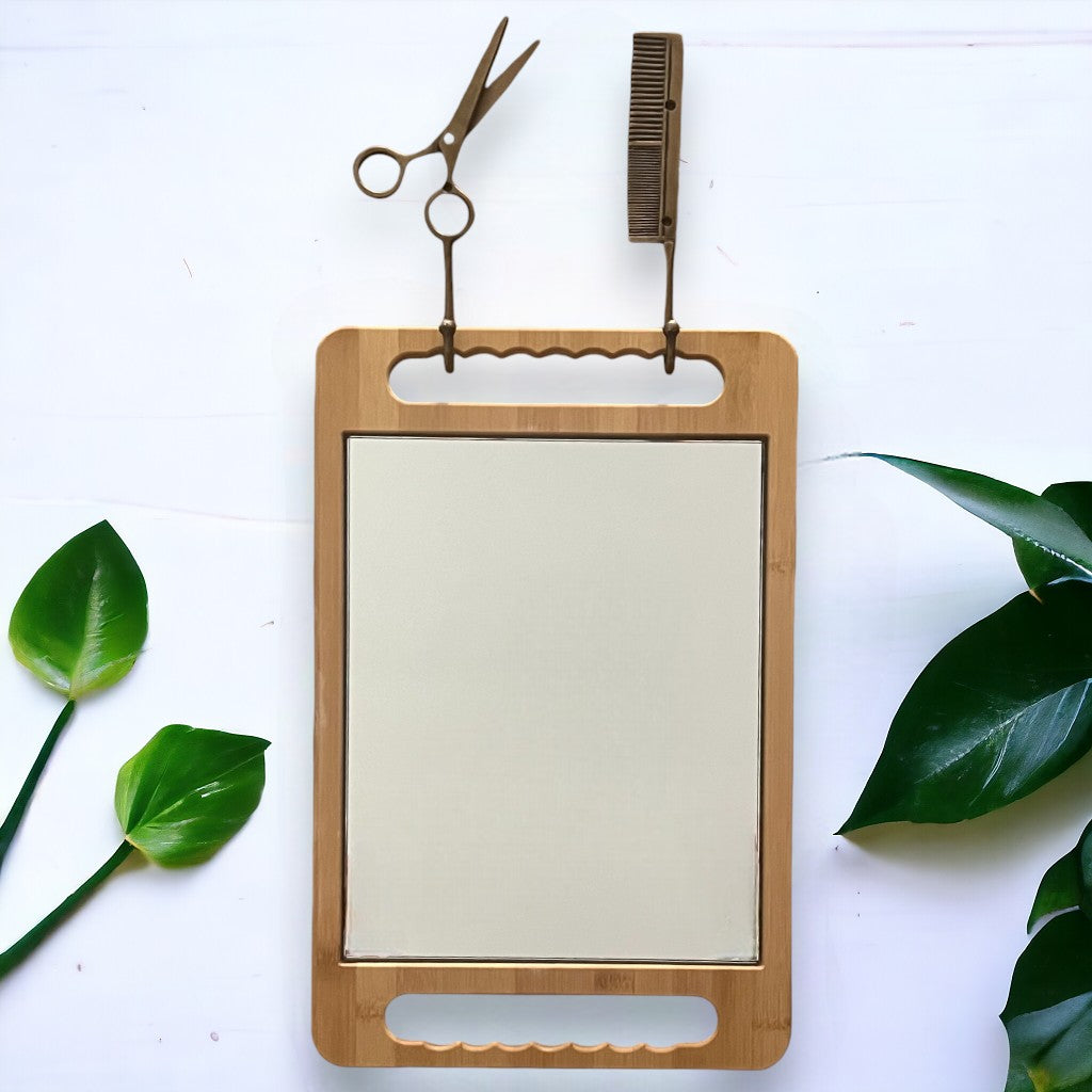 The scissor and comb antique brass hooks as a set to hang your bamboo mirror on.