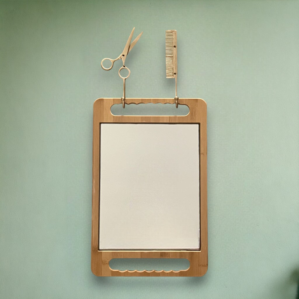 Hanging our bamboo mirrors on the scissor and comb duo is golden.