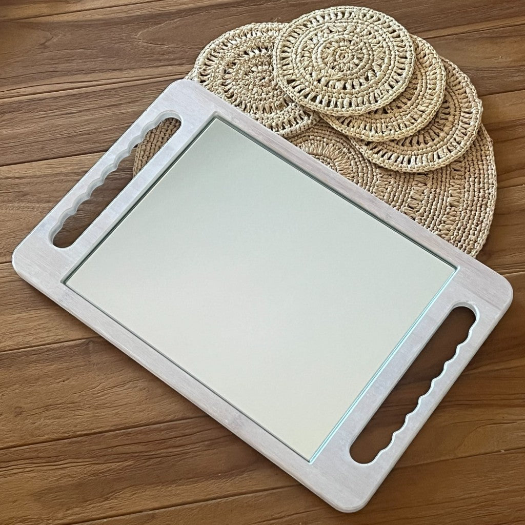 Our beautiful eco-friendly bamboo mirror in vanilla.